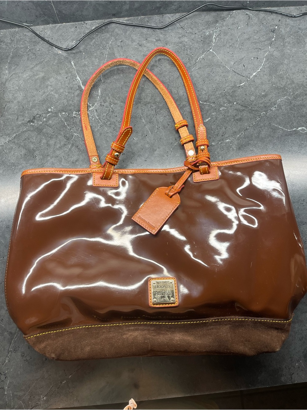 Dooney & Bourke Brown Patent Leather Tote with Tan Trim